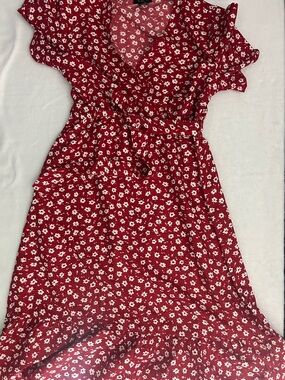 Red Floral Wrap Dress with Ruffle Details